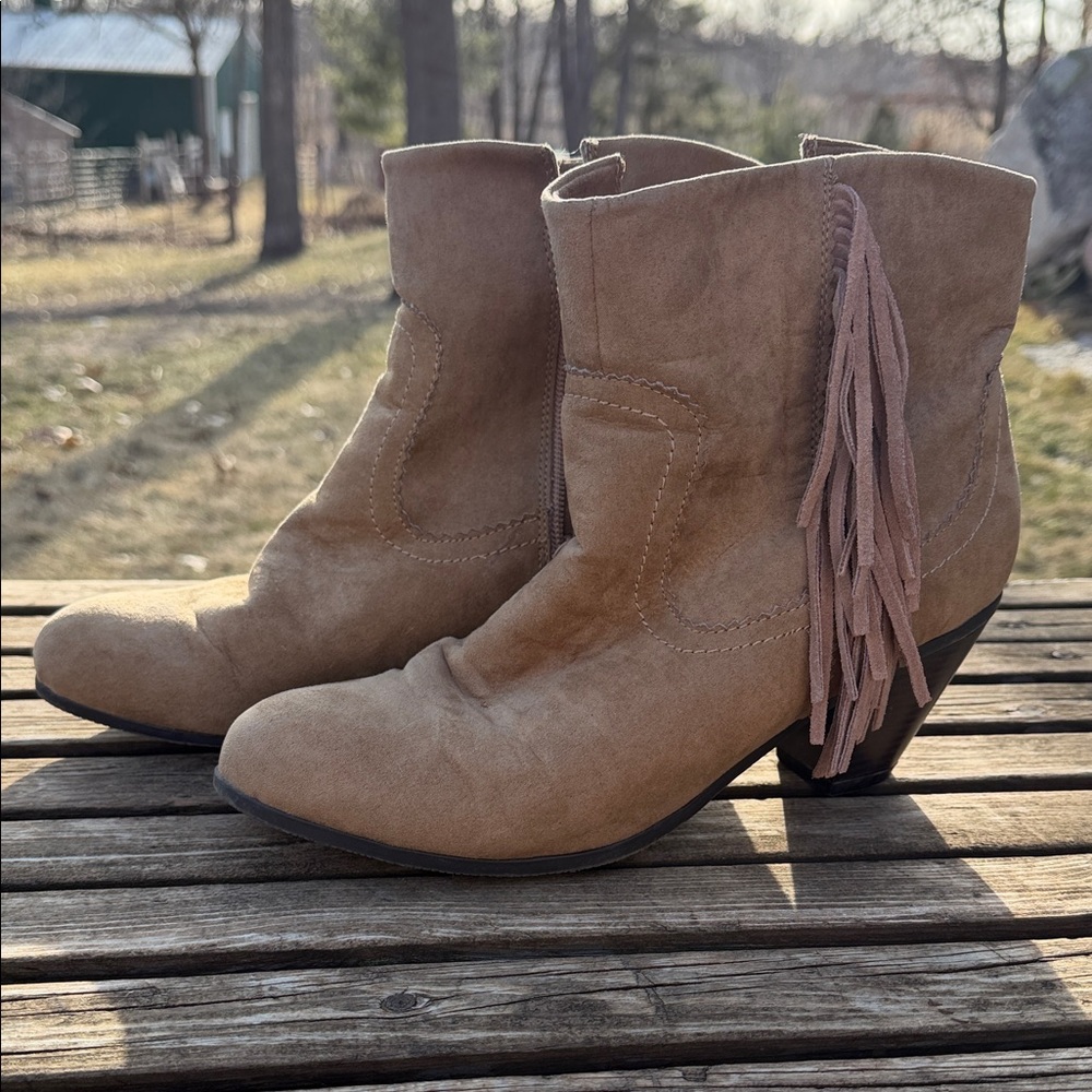 Maurices Tan Suede Fringe Ankle Booties